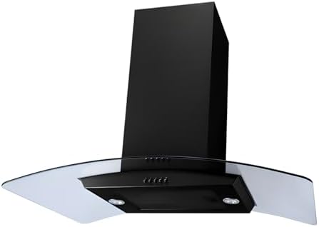 A wide-angle shot of the SIA 90cm Black Island Cooker Hood installed over a modern kitchen island, highlighting the curved glass and black chimney.