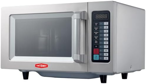 Front view of the Contender 1000W commercial microwave showing the stainless steel exterior and digital control panel