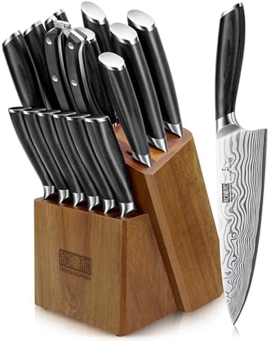 A HOSHANHO 16-piece kitchen knife set stored in an acacia wood block with a built-in sharpener on a kitchen counter.