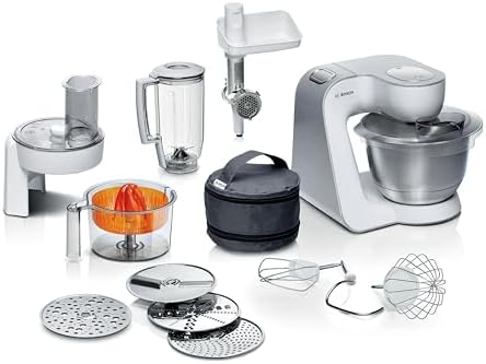 The Bosch CreationLine 7 in 1 Stand Mixer in white and silver surrounded by its eleven included accessories.