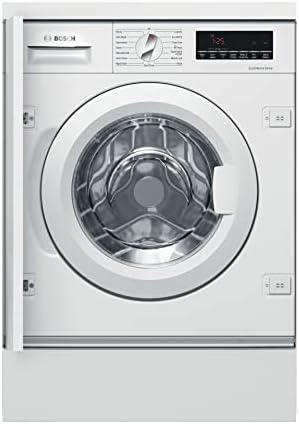 Front view of the Bosch WIW28502GB built-in washing machine showing the white exterior and control dial.