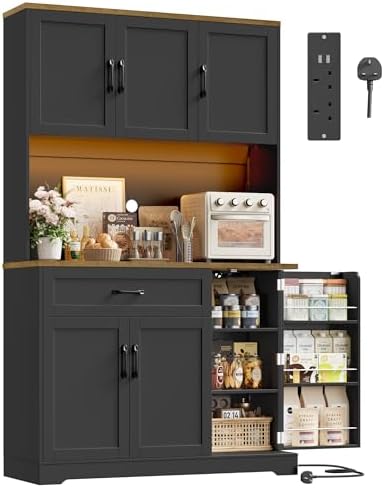 A front-facing view of the FirFurd tall kitchen cabinet in black and brown featuring a central wood-grain countertop and glass-panelled upper doors.
