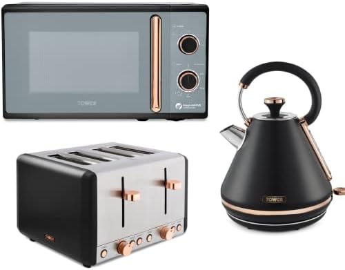A matching Tower Cavaletto kitchen set featuring a black and rose gold pyramid kettle, four-slice toaster, and digital microwave.