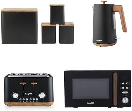 A complete Salter Toronto 7-piece kitchen set featuring a black microwave, kettle, toaster, and storage canisters with wooden accents on a modern countertop.
