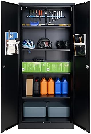 A tall black metal storage cupboard with double doors open to reveal four adjustable shelves and organised tools.