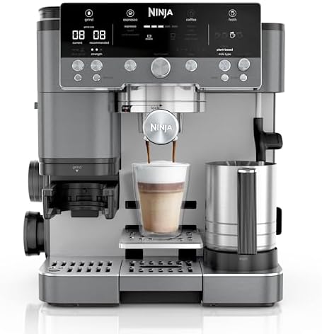 Image of a sleek coffee machine with a built-in grinder and frother
