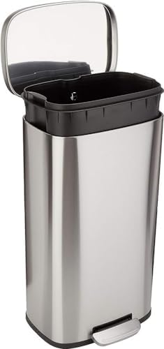 Alt Text for image 1: Amazon Basics Rectangular Kitchen Bin with Steel Bar Pedal and Satin Nickel Finish
