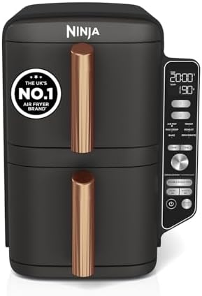 Ninja Double Stack XL Double Drawer Air Fryer with a sleek black and copper design.