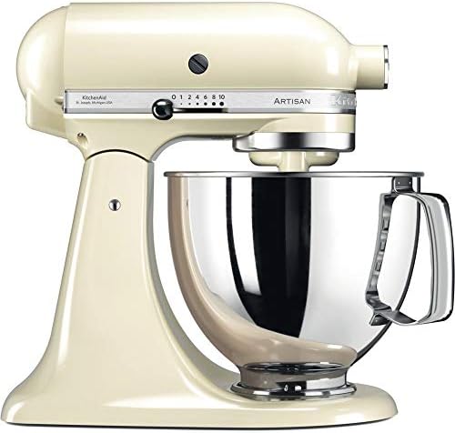 Alt Text for image 1: KitchenAid ARTISAN Stand Mixer in Almond Cream on a kitchen counter