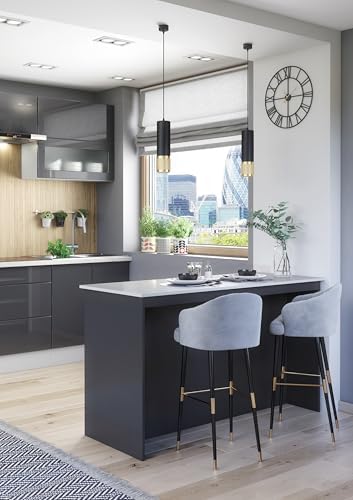Sleek kitchen island with graphite and marble effect finish.