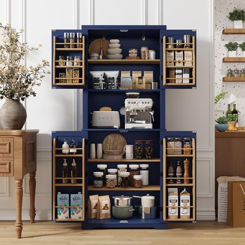 Blue kitchen cabinet with multiple shelves