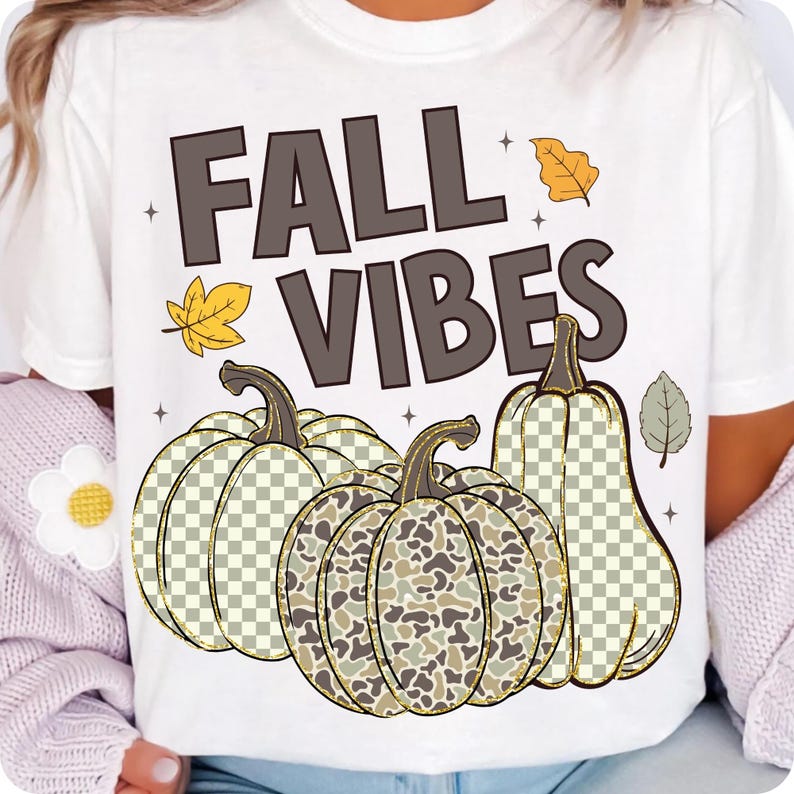 Preppy Camo Fall Pumpkin PNG Retro Checkered Fall Vibes Sublimation Design Camouflage Autumn Shirt Graphic DTF File Neutral Sage Clipart