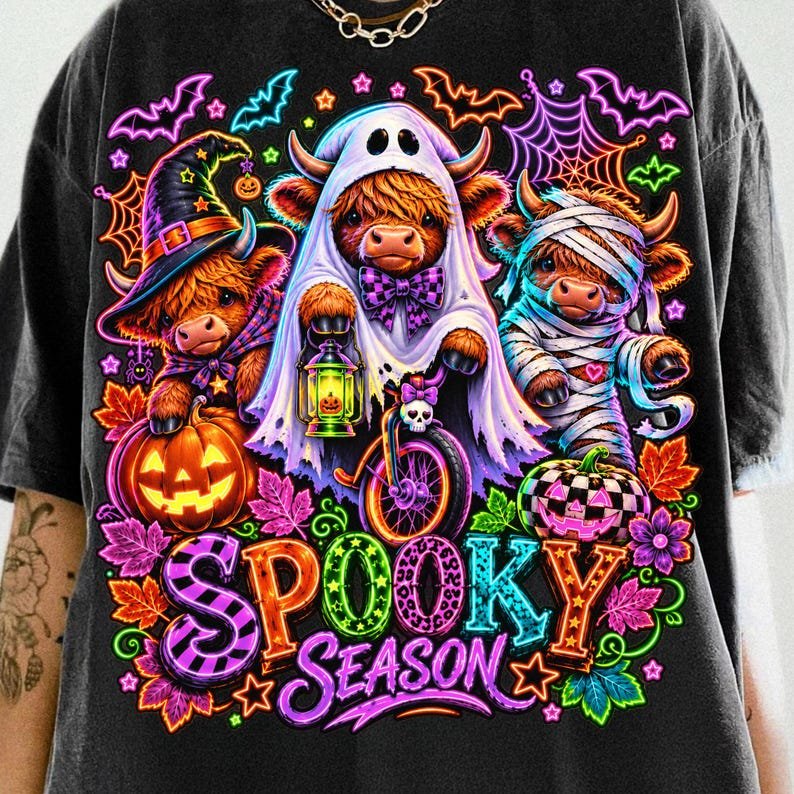 Neon Highland Cow Halloween PNG: Spooky Season Sublimation Design (Digital Download)