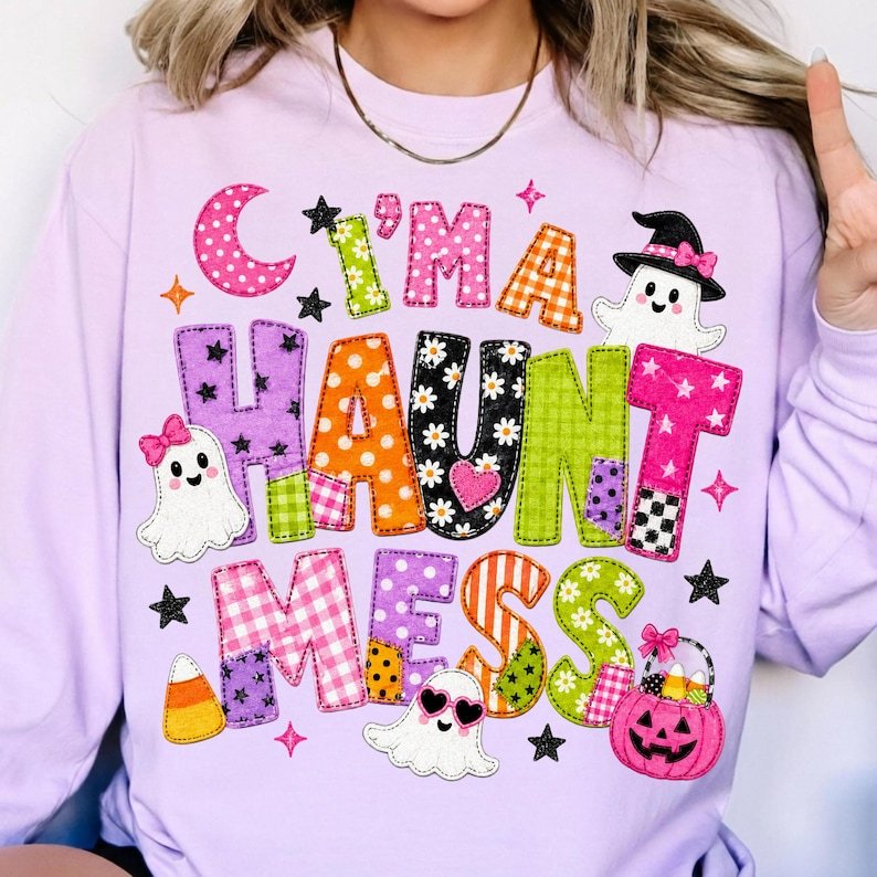 I’m a Haunt Mess Halloween PNG Sublimation Design Patchwork Ghost Shirt Graphic Retro Pink Halloween Pumpkin DTF File Digital Download