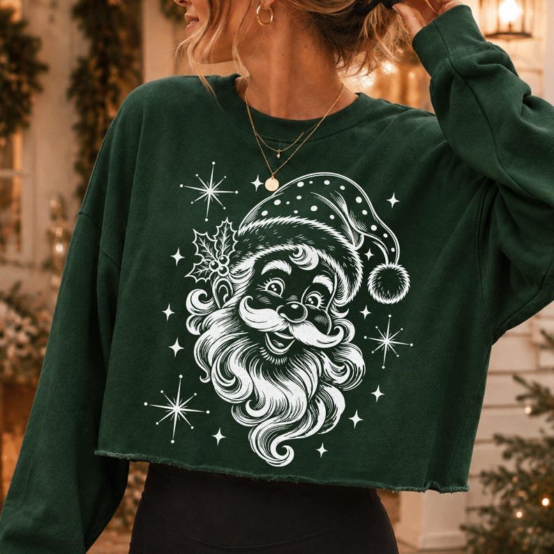 Vintage Santa Claus PNG, Retro Christmas Face, White Engraving Style (Digital Download)