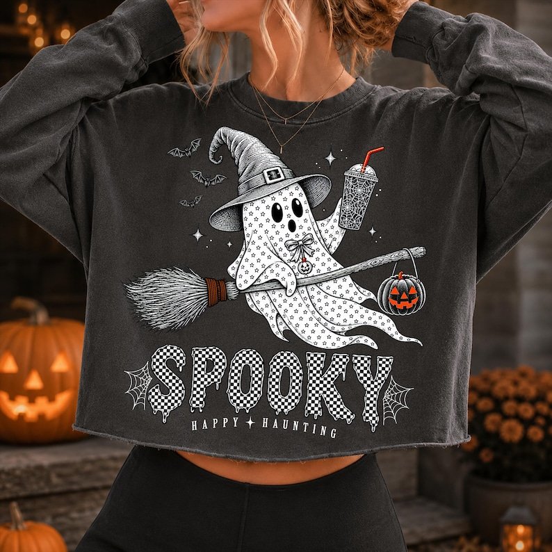 Spooky Happy Haunting Ghost Witch PNG, Retro Halloween Sublimation (Digital Download)