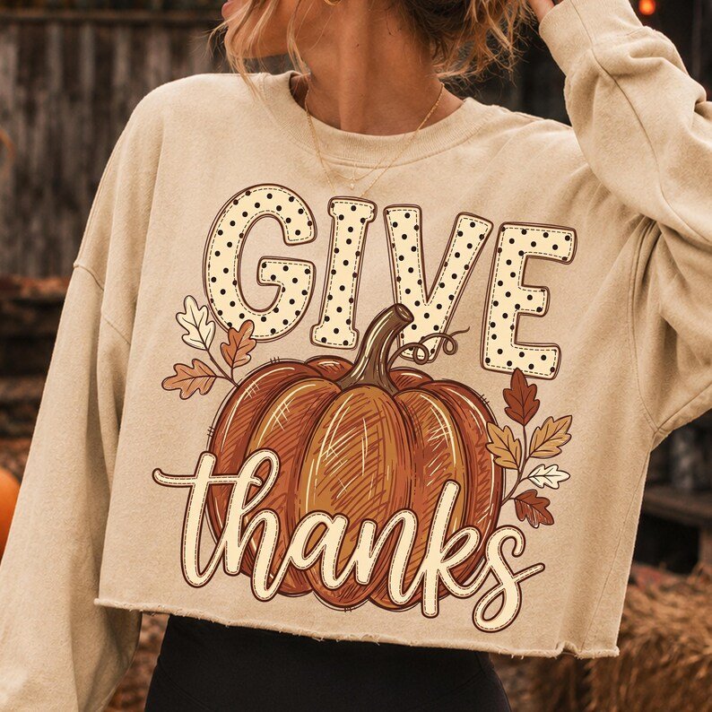 Give Thanks Pumpkin PNG, Fall Leaves, Autumn Sublimation Design (Digital Download)