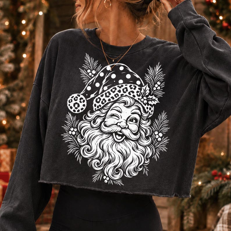 Vintage Leopard Print Santa Face PNG, Retro Christmas Sublimation Design (Digital Download)
