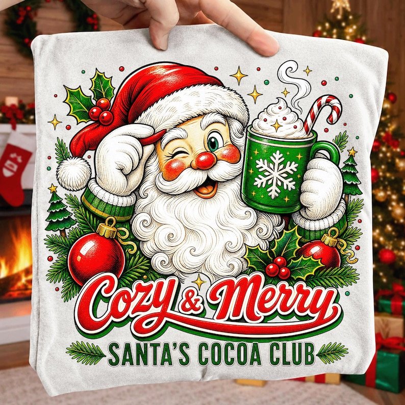 Cozy & Merry Santa Cocoa Club PNG, Retro Christmas Sublimation Design (Digital Download)