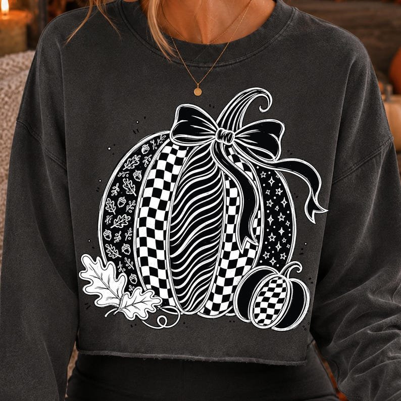 Coquette Pumpkin PNG, Black White Fall Bow Design (Digital Download)