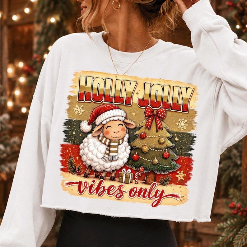 Holly Jolly Vibes Only Christmas Sheep PNG, Farmhouse Holiday Sublimation (Digital Download)