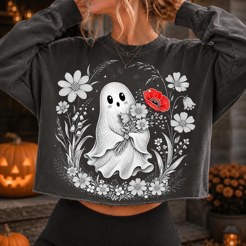Floral Ghost PNG, Botanical Halloween Clipart, Vintage Poppy Wildflower Design (Digital Download)