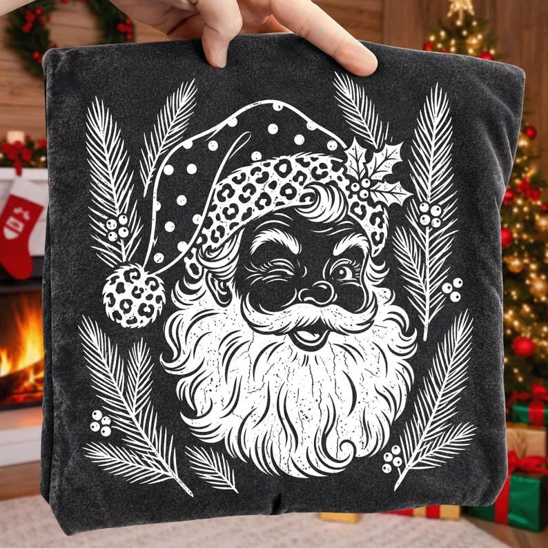 Vintage Leopard Print Santa Face PNG (Pillow & Blanket Mockup), Retro Christmas Sublimation Design (Digital Download)