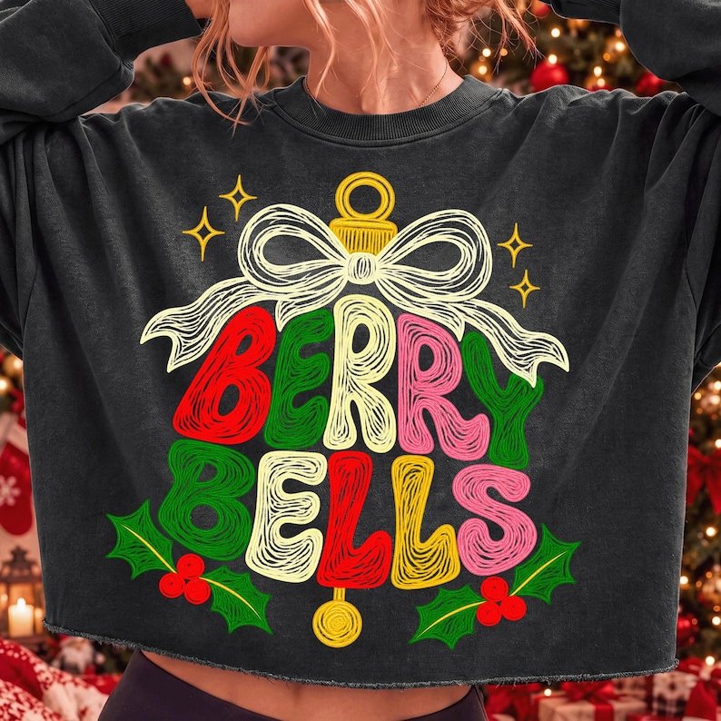 Berry Bells Faux Embroidery Christmas Design, Retro Coquette Bow (Digital Download)