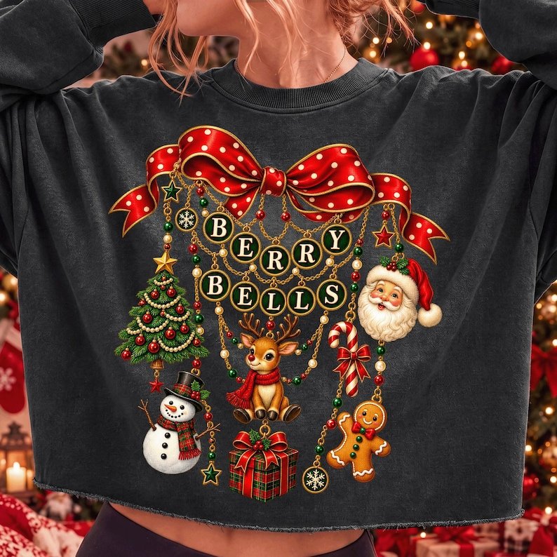 Vintage Coquette Christmas Charm Bow PNG, Berry Bells Sublimation Design (Digital Download)