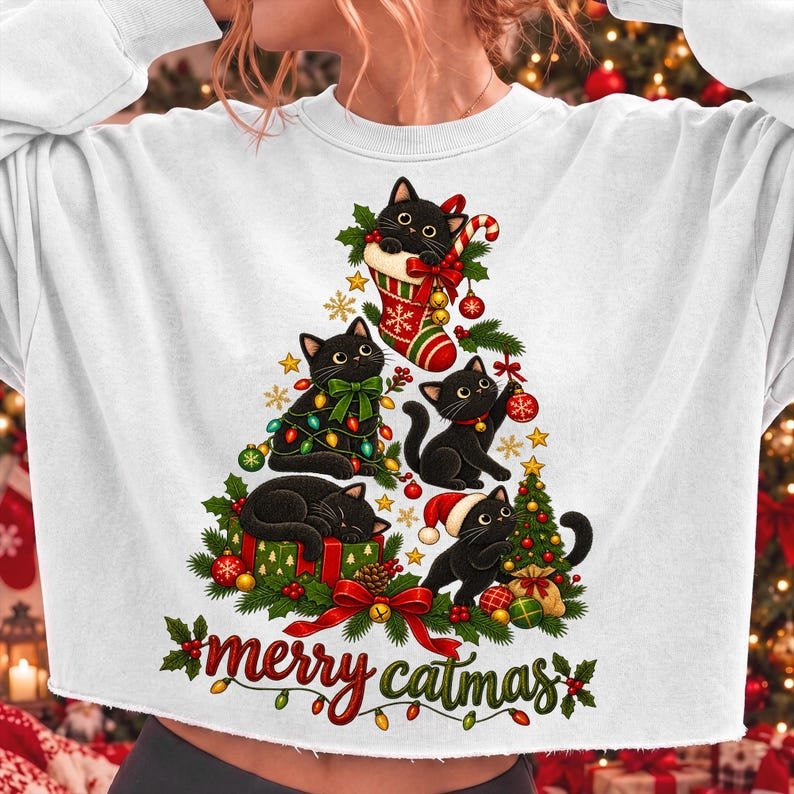 Merry Catmas Black Cat Christmas PNG, Festive Holiday Design (Digital Download)