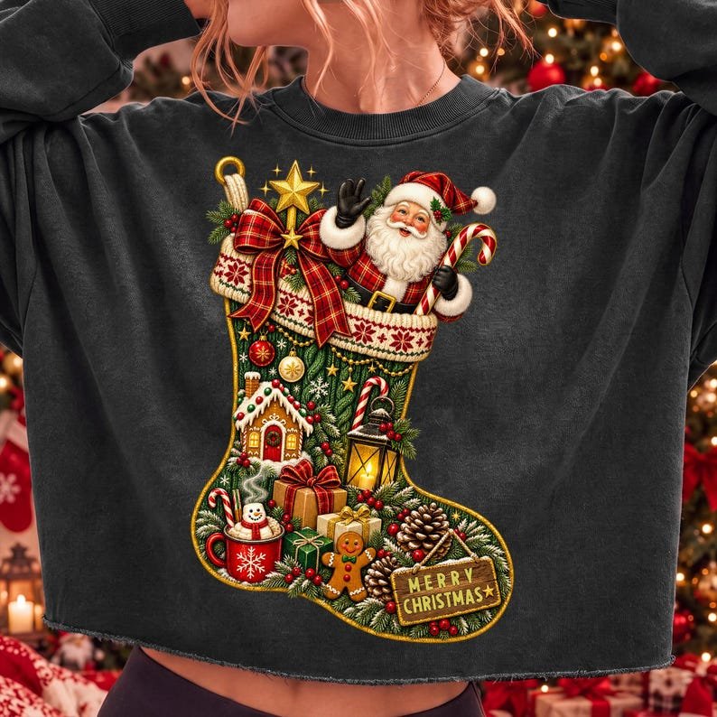 Vintage Christmas Stocking PNG, Santa Claus, Festive Holiday Design (Digital Download)