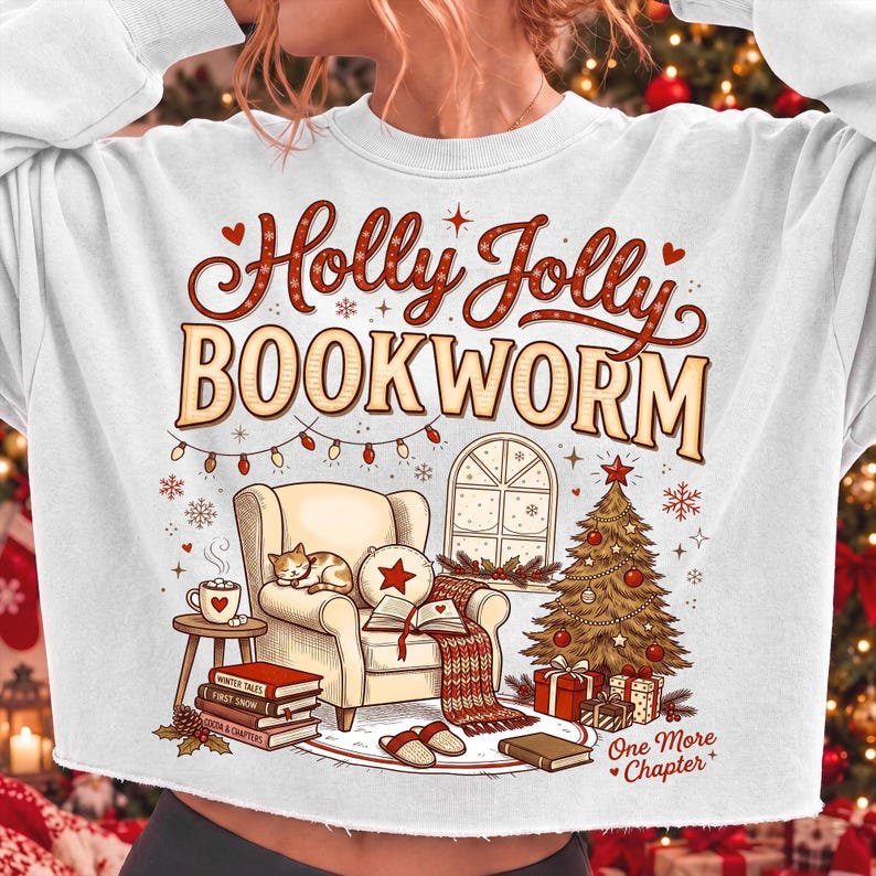 Holly Jolly Bookworm Christmas Design, Cozy Reading Chair, Cat, Cocoa (Digital Download)