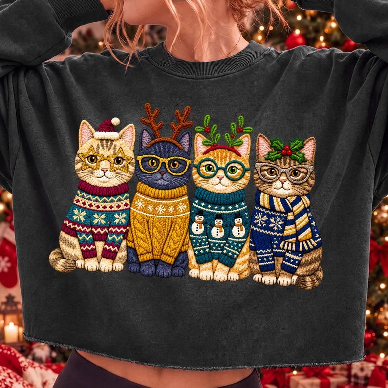 Christmas Cats PNG, Festive Sweater Design, Holiday Cat Lover Art (Digital Download)